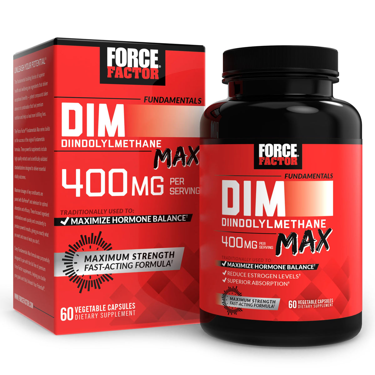 Force Factor botella frontal mostrando etiqueta y beneficio de equilibrio hormonal