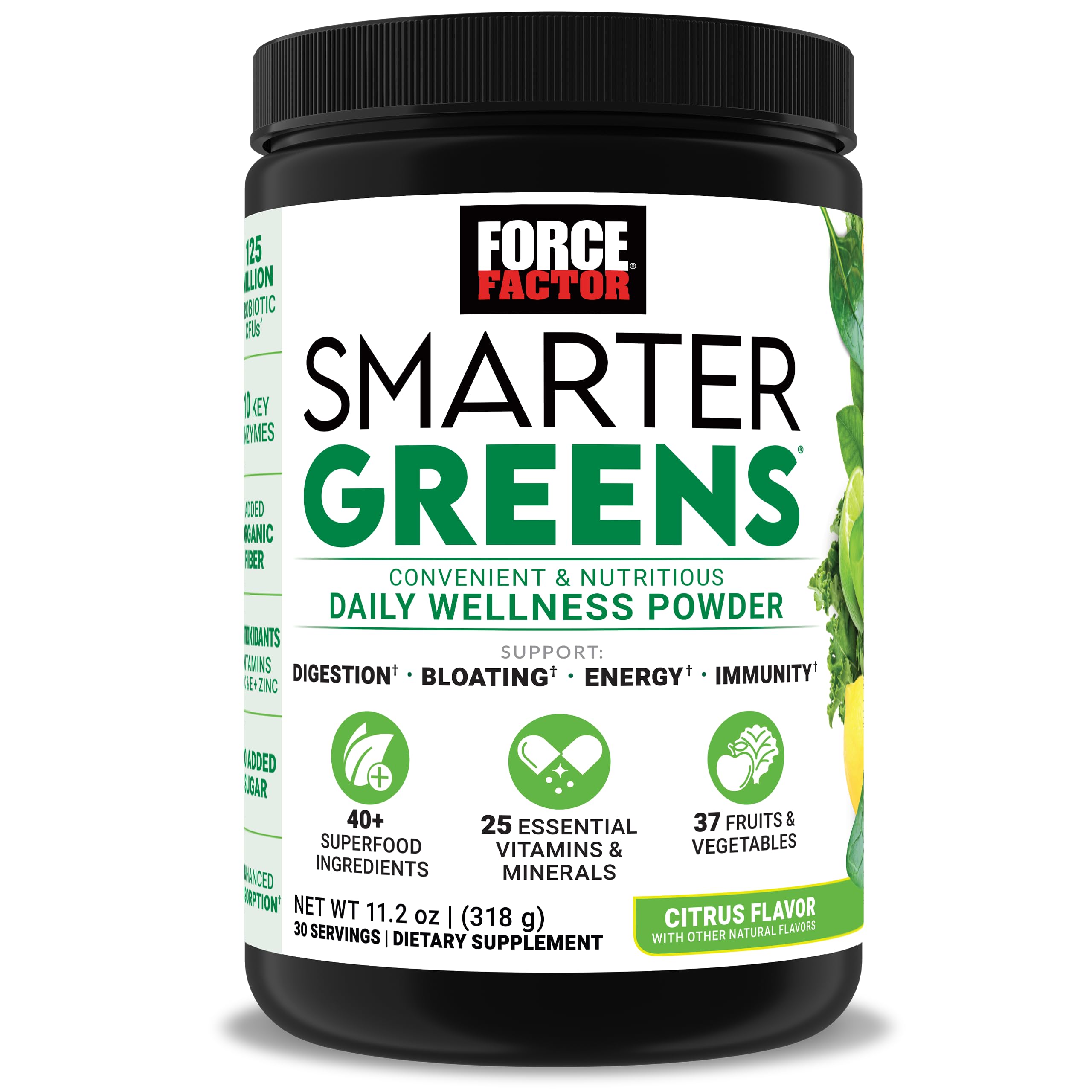 Force Factor empaque frontal Smarter Greens mostrando el envase y beneficio nutricional
