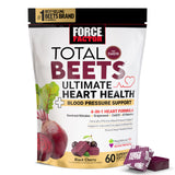 Force Factor envase frontal Total Beets mostrando 60 masticables y beneficio de apoyo cardiovascular