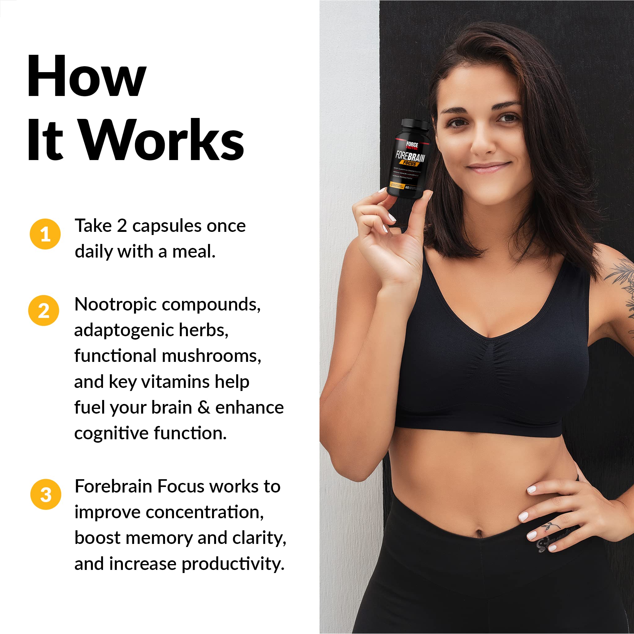 Force Factor etiqueta con lista de ingredientes, beneficio transparencia informativa