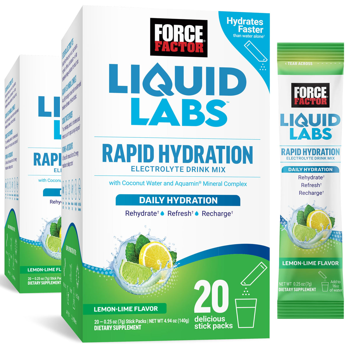 Force Factor empaque frontal mostrando sobres y beneficio de hidratación rápida