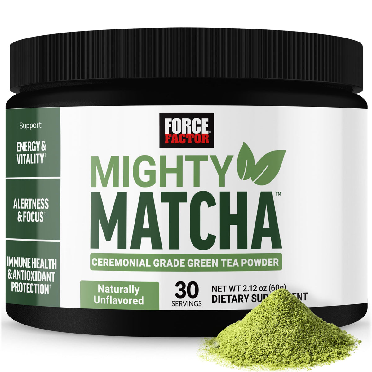 Force Factor frente del envase Mighty Matcha mostrando marca y porciones