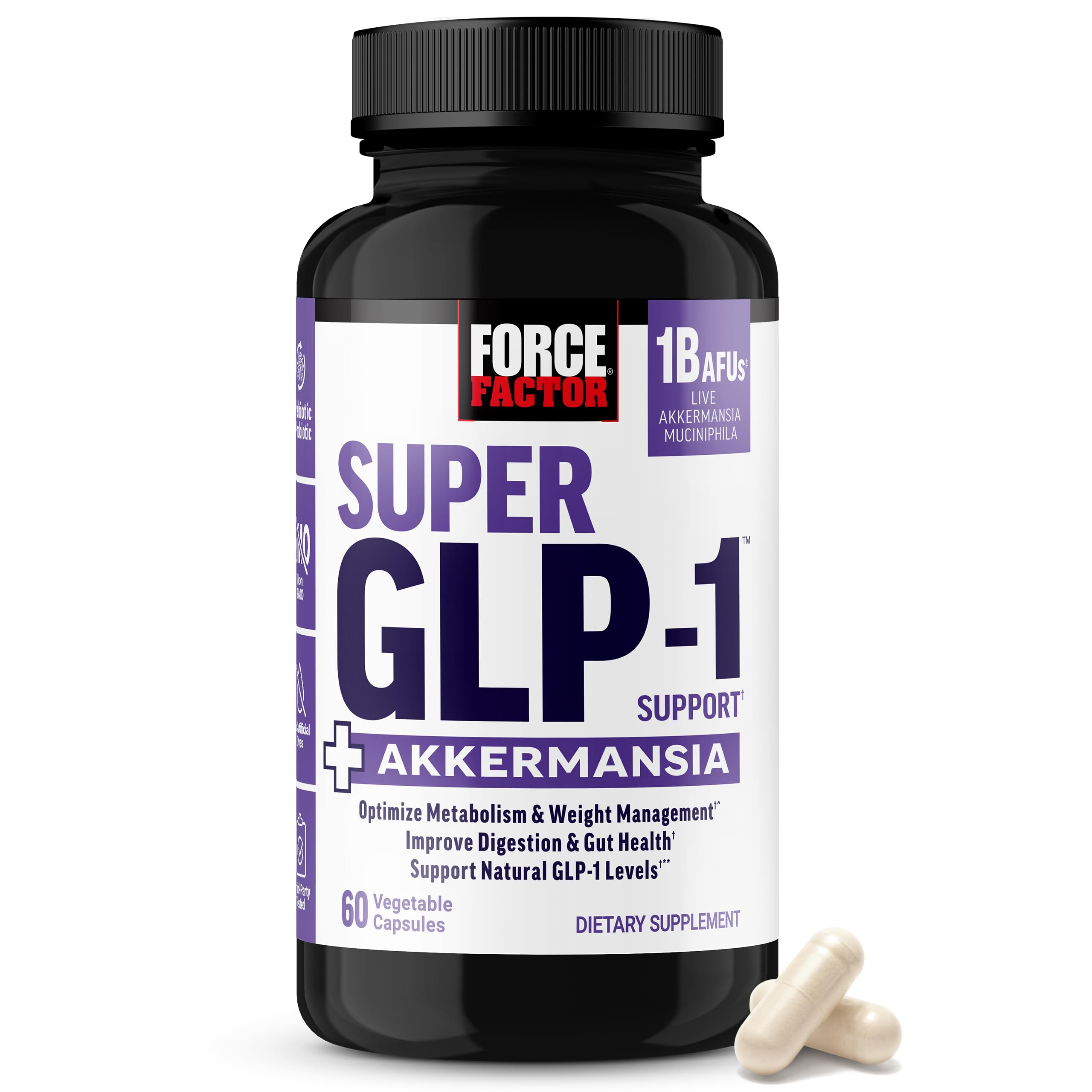 Force Factor envase frontal mostrando la fórmula para metabolismo y salud intestinal
