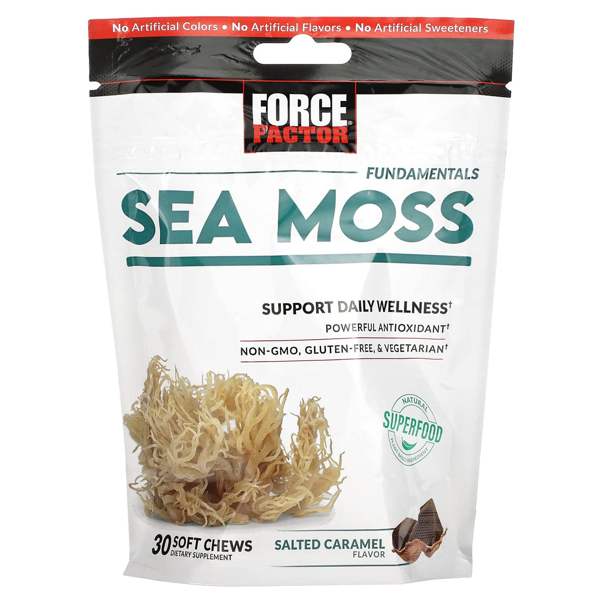 Force Factor paquete frontal de Sea Moss Soft Chews mostrando etiqueta y sabor caramelo salado