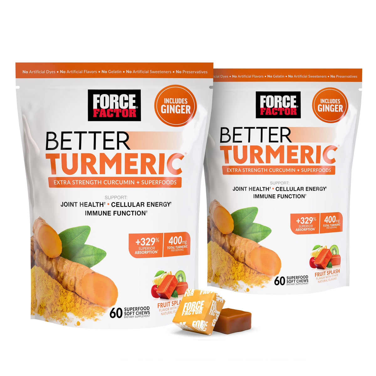 Force Factor frontal del empaque mostrando 120 soft chews y beneficios