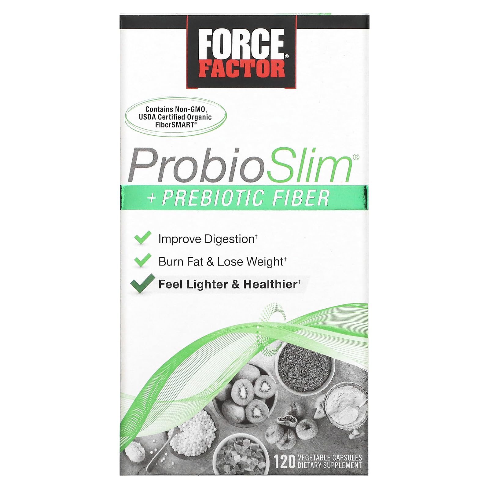 Force Factor frente del envase ProbioSlim mostrando beneficios digestivos