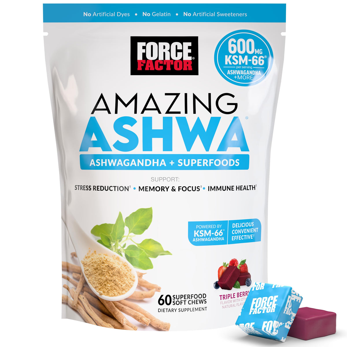 Force Factor empaque frontal Amazing Ashwa mostrando marca y beneficio anti-estrés