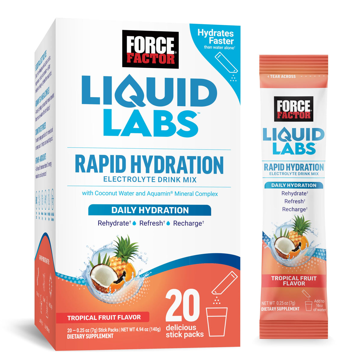 Force Factor empaque frontal Tropical Fruit mostrando 20 sobres, portátil y práctico