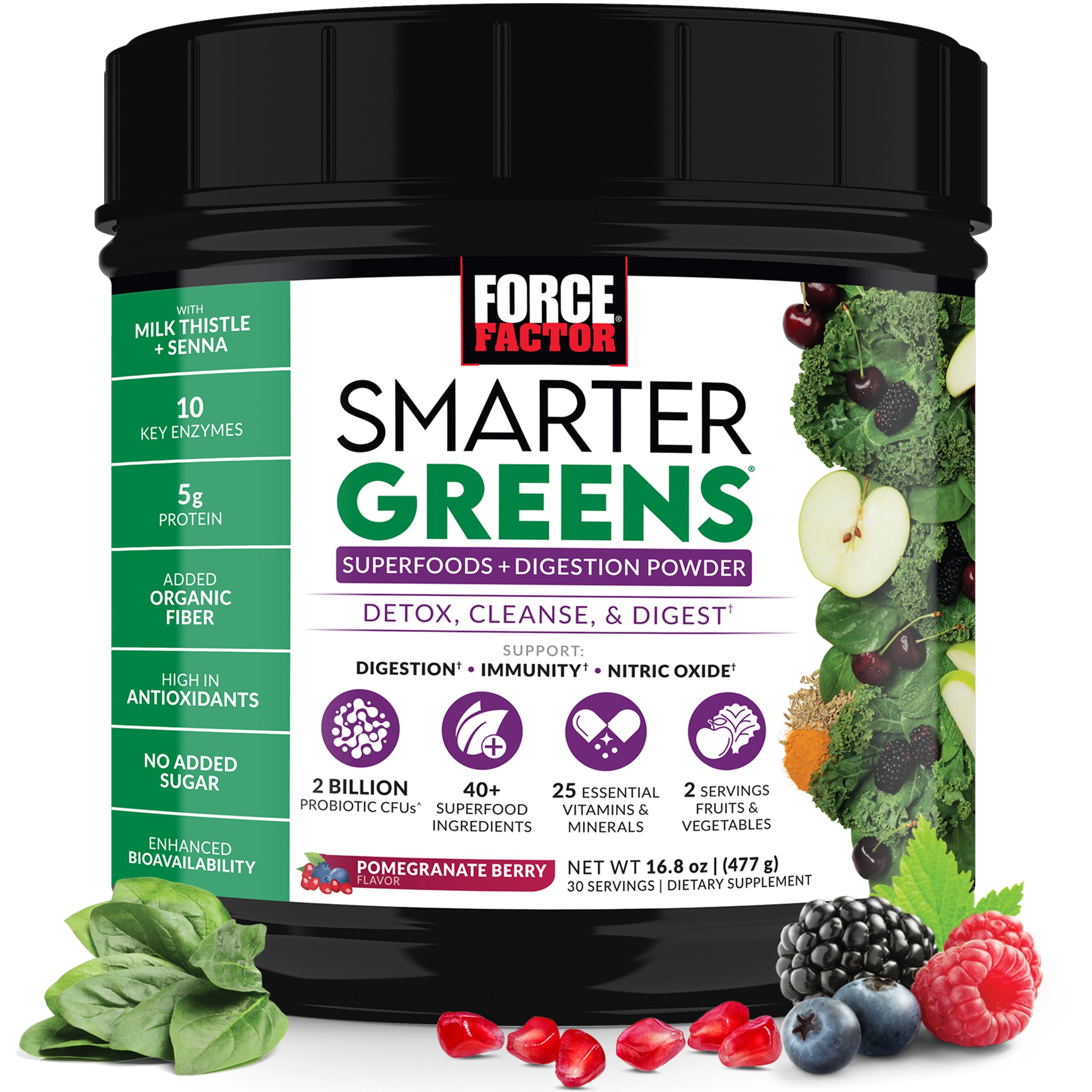 Force Factor envase frontal del producto mostrando sabor y porciones