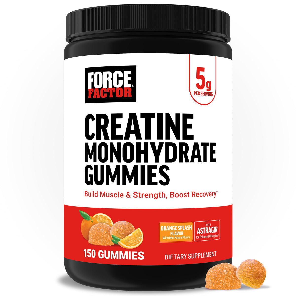 Force Factor envase frontal mostrando 150 gominolas y sabor Orange Splash