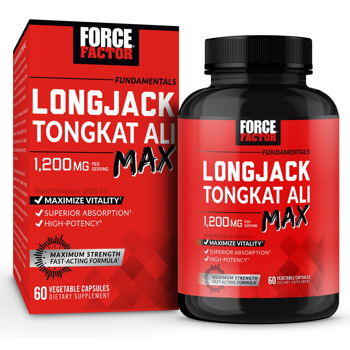 Force Factor frasco frontal mostrando etiqueta y beneficio de vitalidad