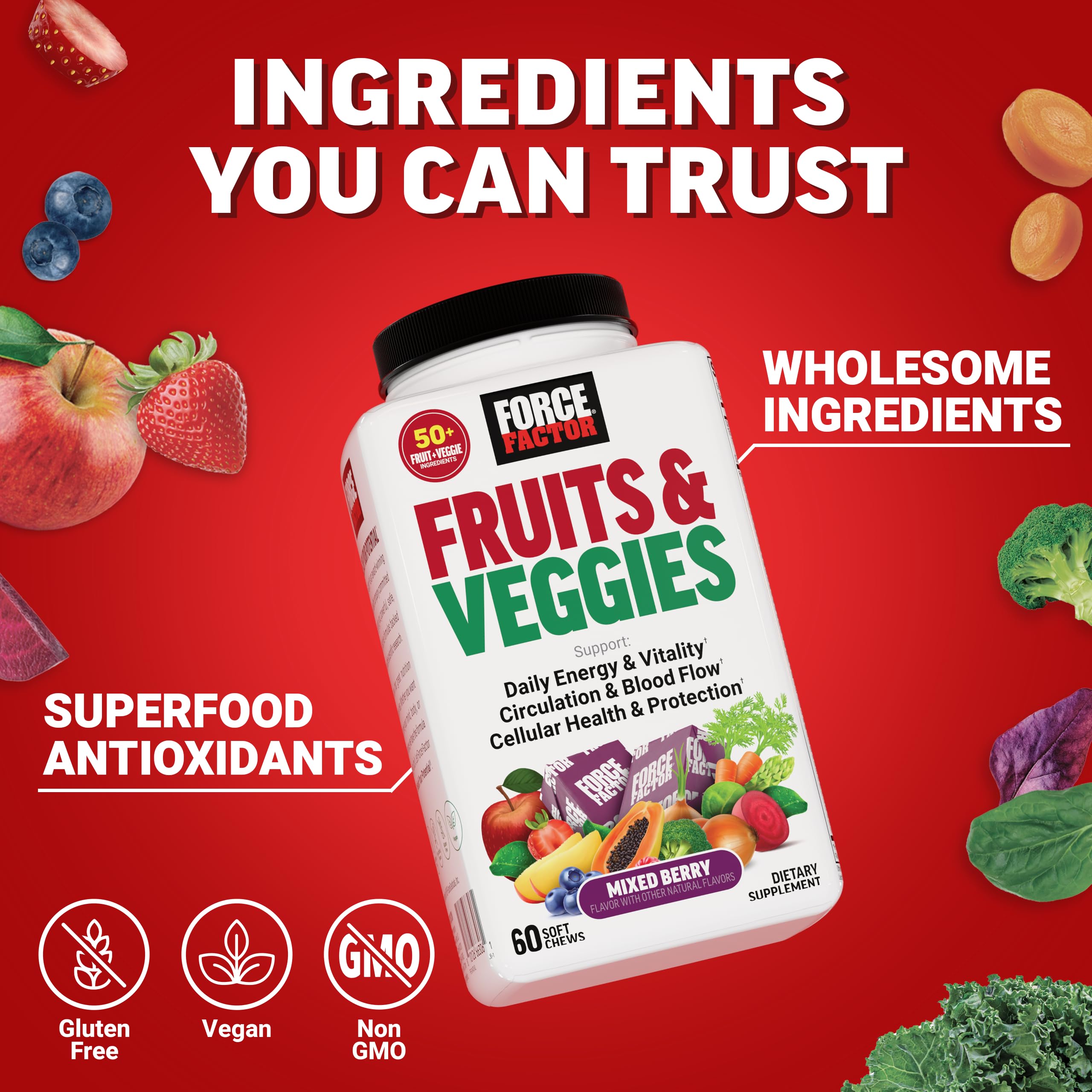 Force Factor composición de frutas y verduras que integra 50+ ingredientes naturales