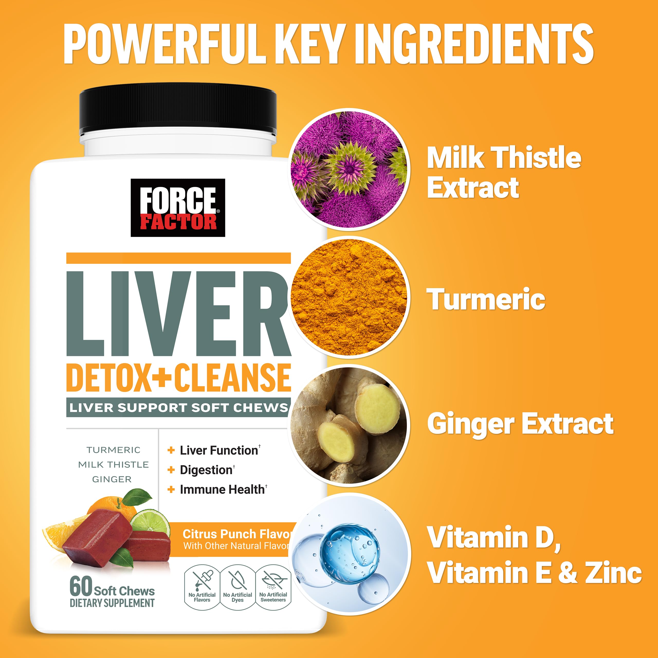 Force Factor ingredientes: cardo mariano, cúrcuma y jengibre, mezcla para bienestar hepático