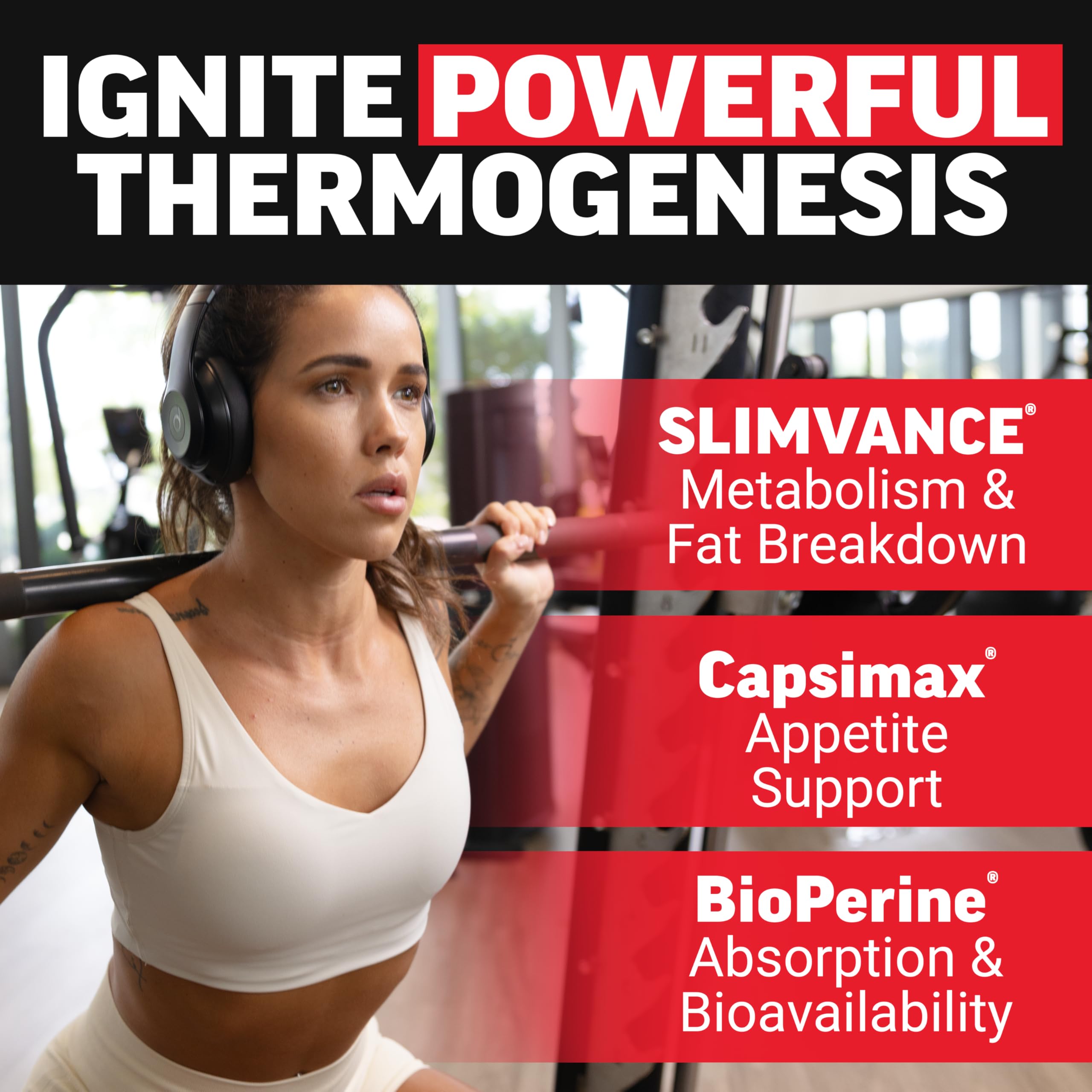 Force Factor etiqueta con ingredientes clave y ventaja termogénica