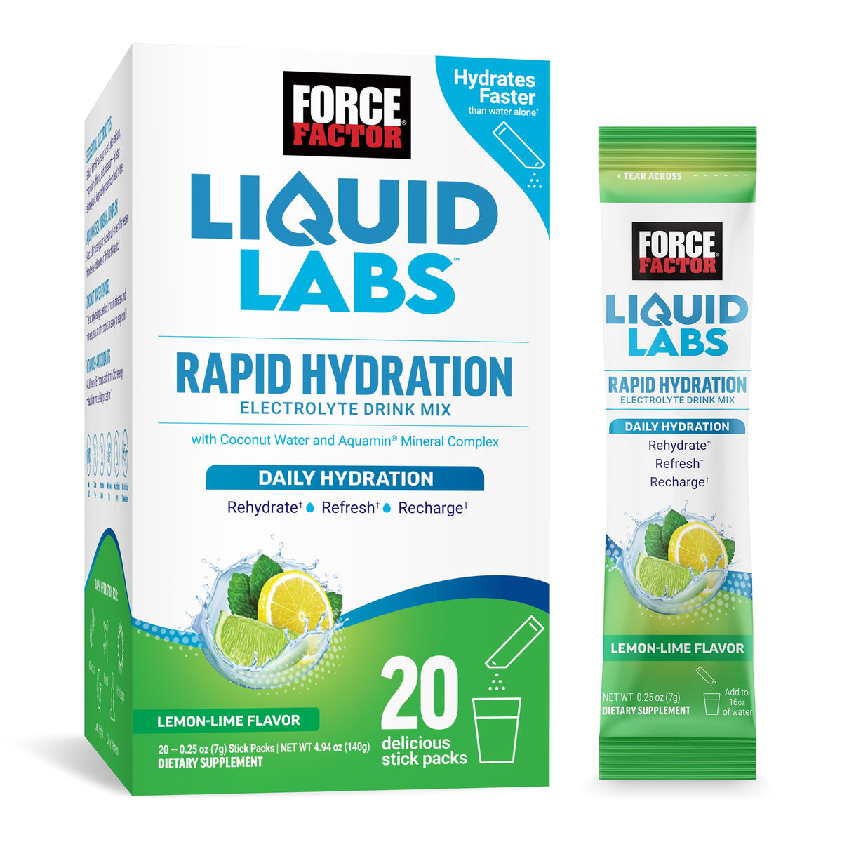 Force Factor empaque frontal mostrando 20 sobres y sabor limón-lima, práctico para llevar