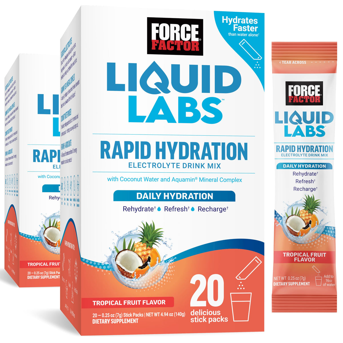 Force Factor empaque frontal mostrando 40 sobres, hidratación conveniente