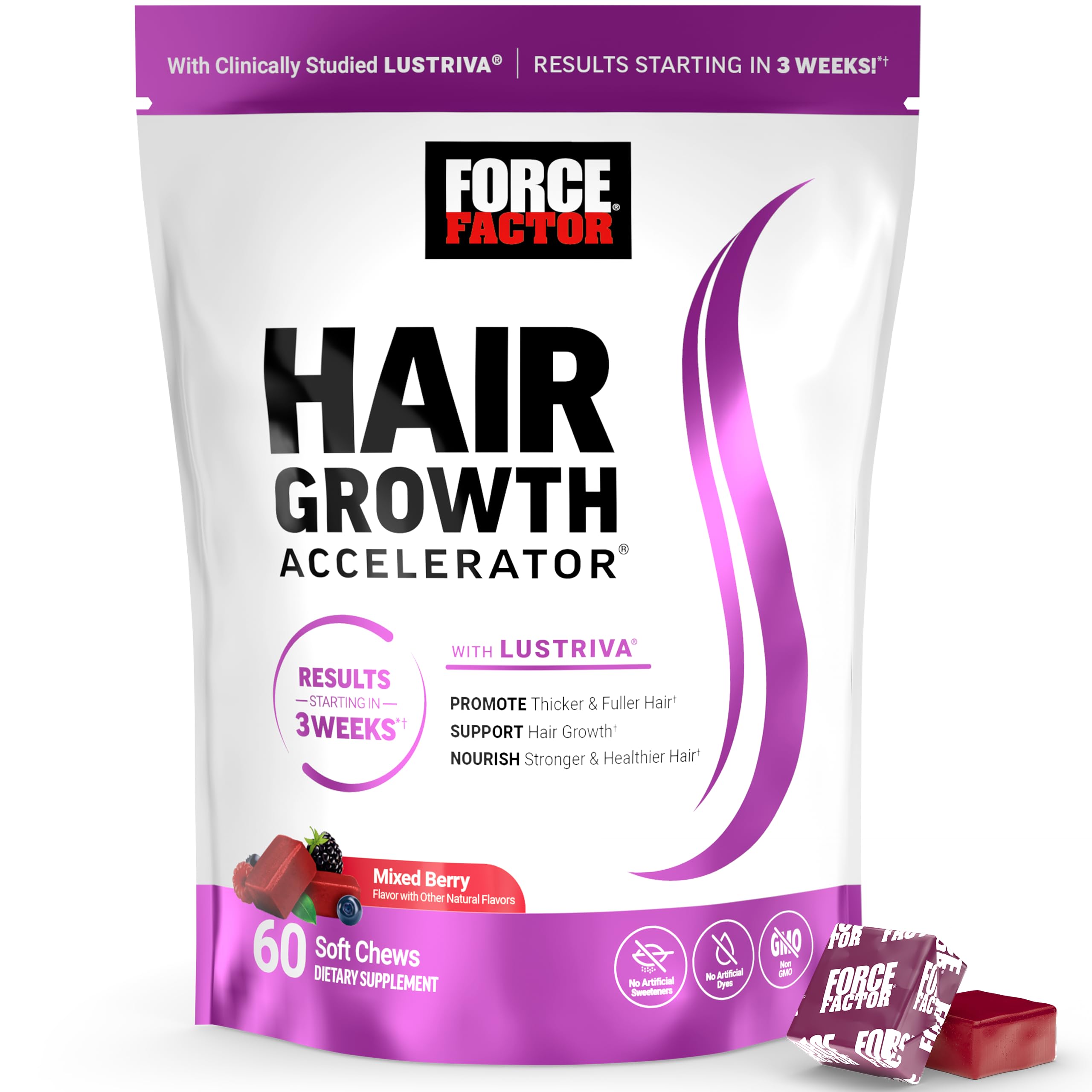 Force Factor envase frontal mostrando masticables sabor berry y beneficios