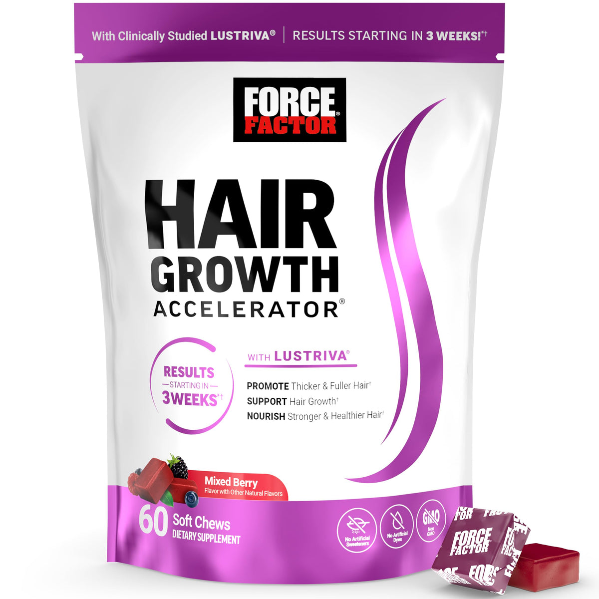 Force Factor envase frontal mostrando masticables sabor berry y beneficios