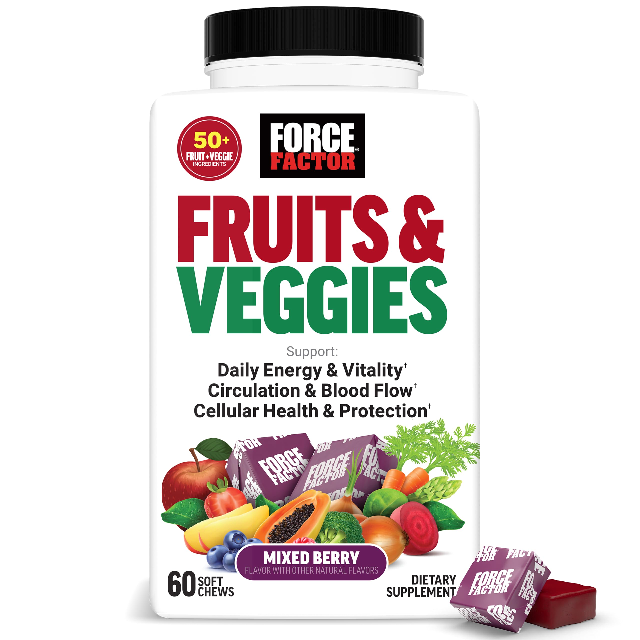 Force Factor vista frontal del envase que muestra masticables Mixed Berry y conveniencia