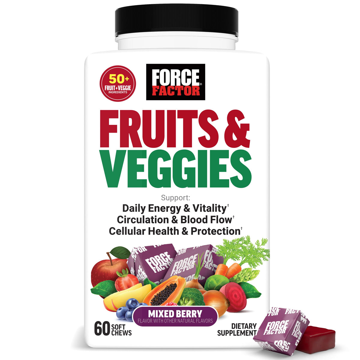 Force Factor vista frontal del envase que muestra masticables Mixed Berry y conveniencia