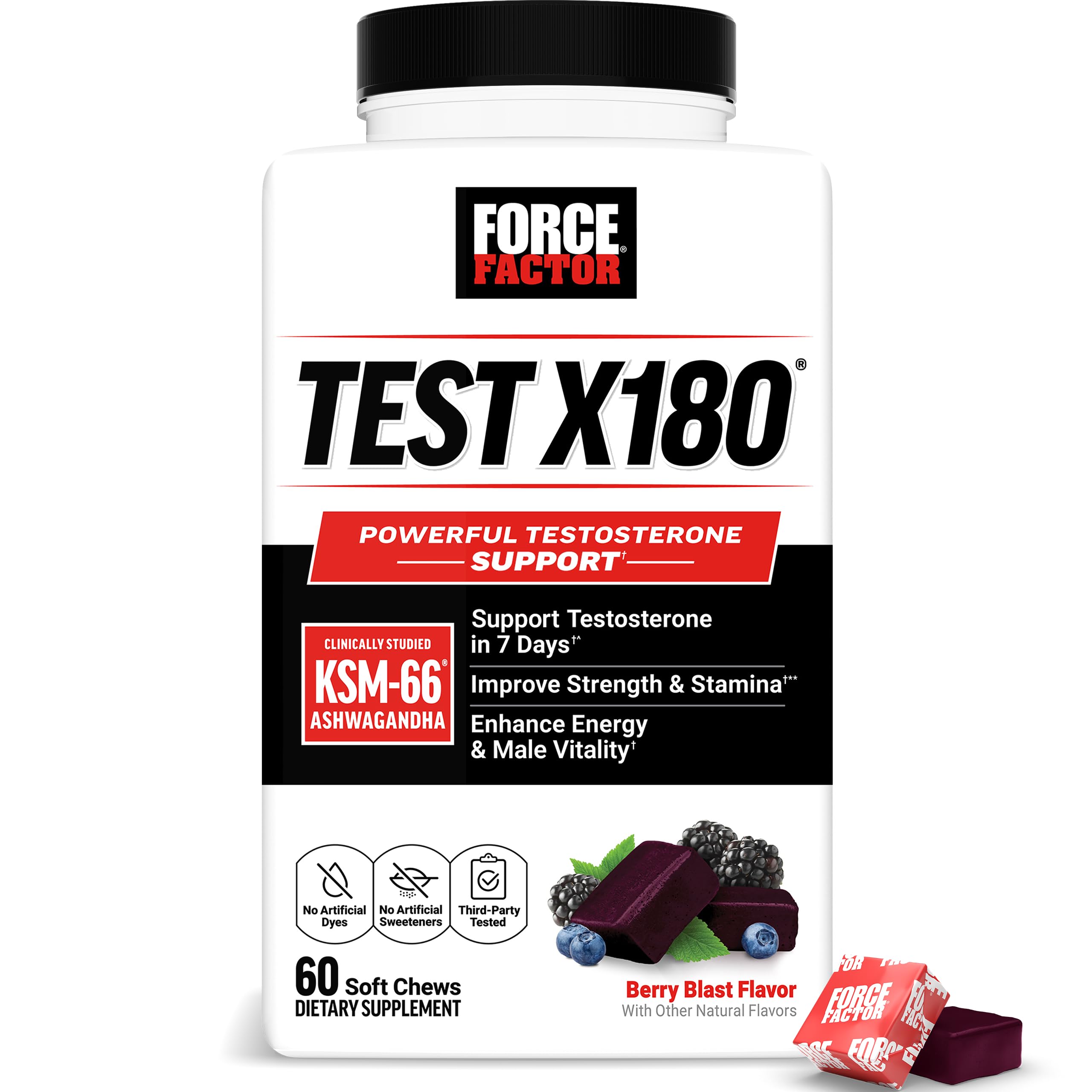 Force Factor envase frontal de Test X180 mostrando diseño y sabor