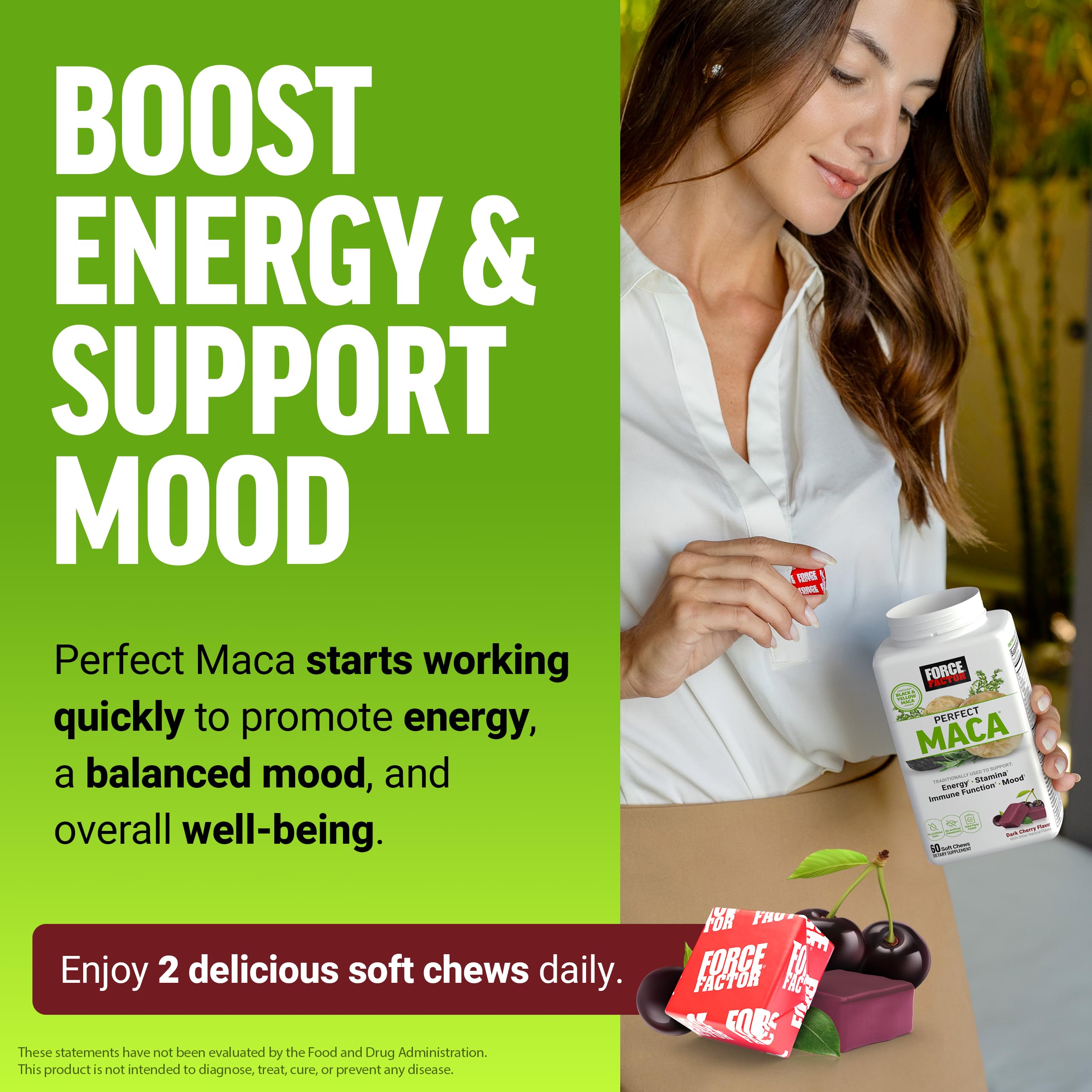 Etiqueta nutricional de Force Factor Perfect Maca mostrando ingredientes y alérgenos