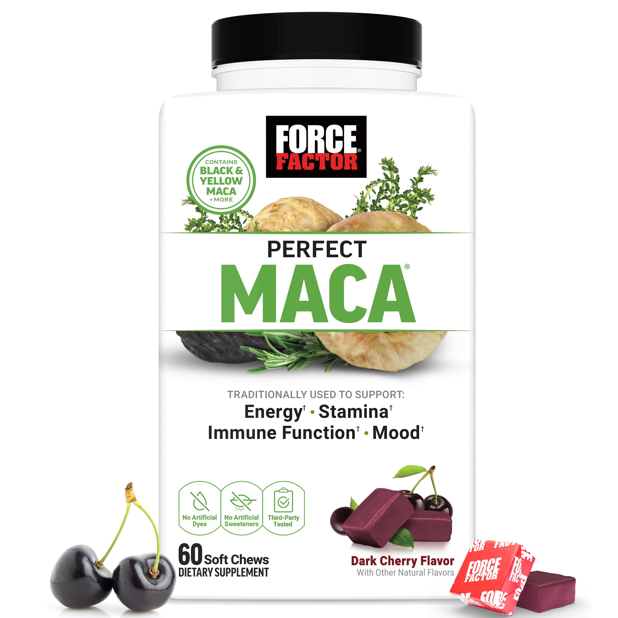 Force Factor envase frontal de Perfect Maca mostrando el diseño y sabor cereza