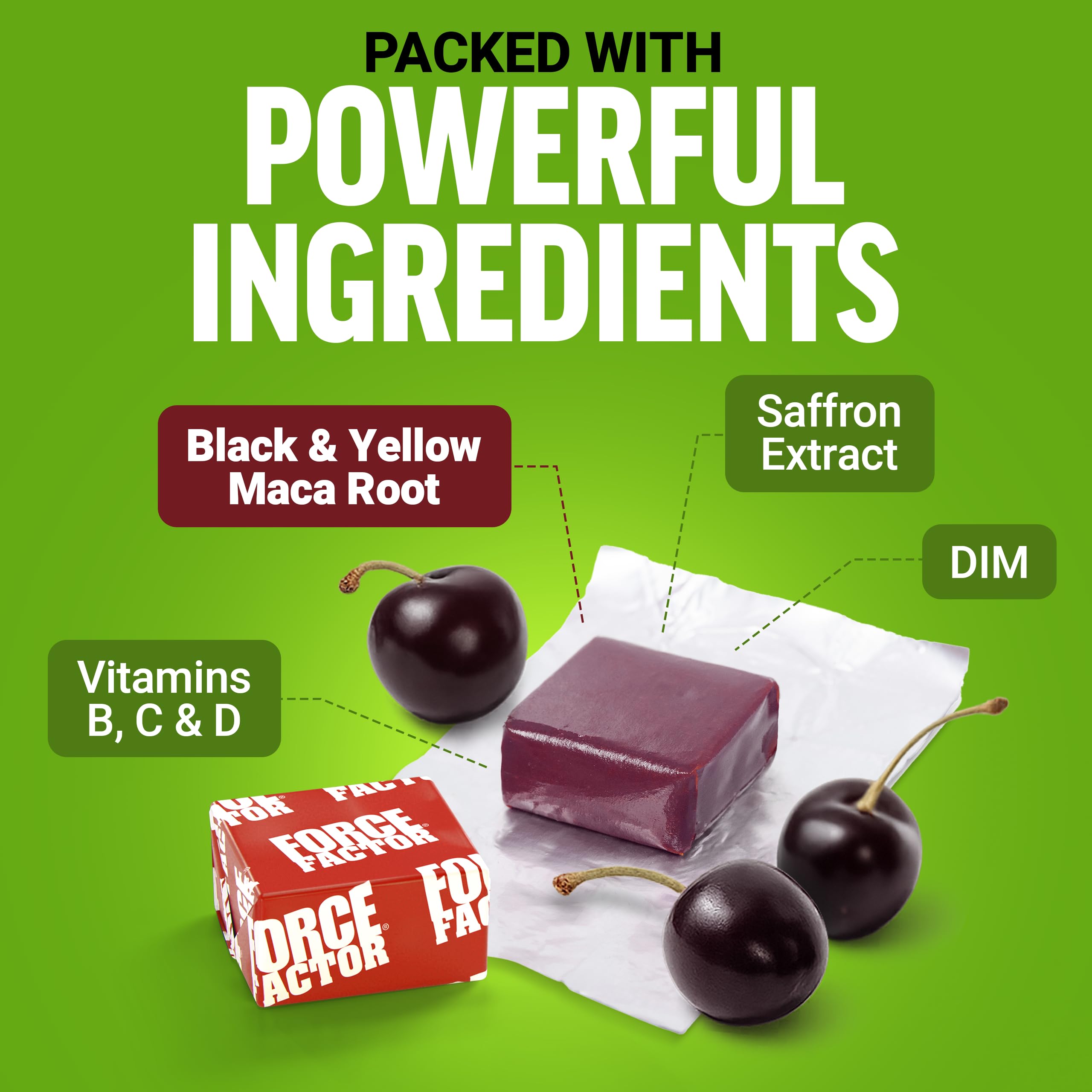 Mujer tomando una goma Force Factor Perfect Maca, conveniencia y sabor en movimiento