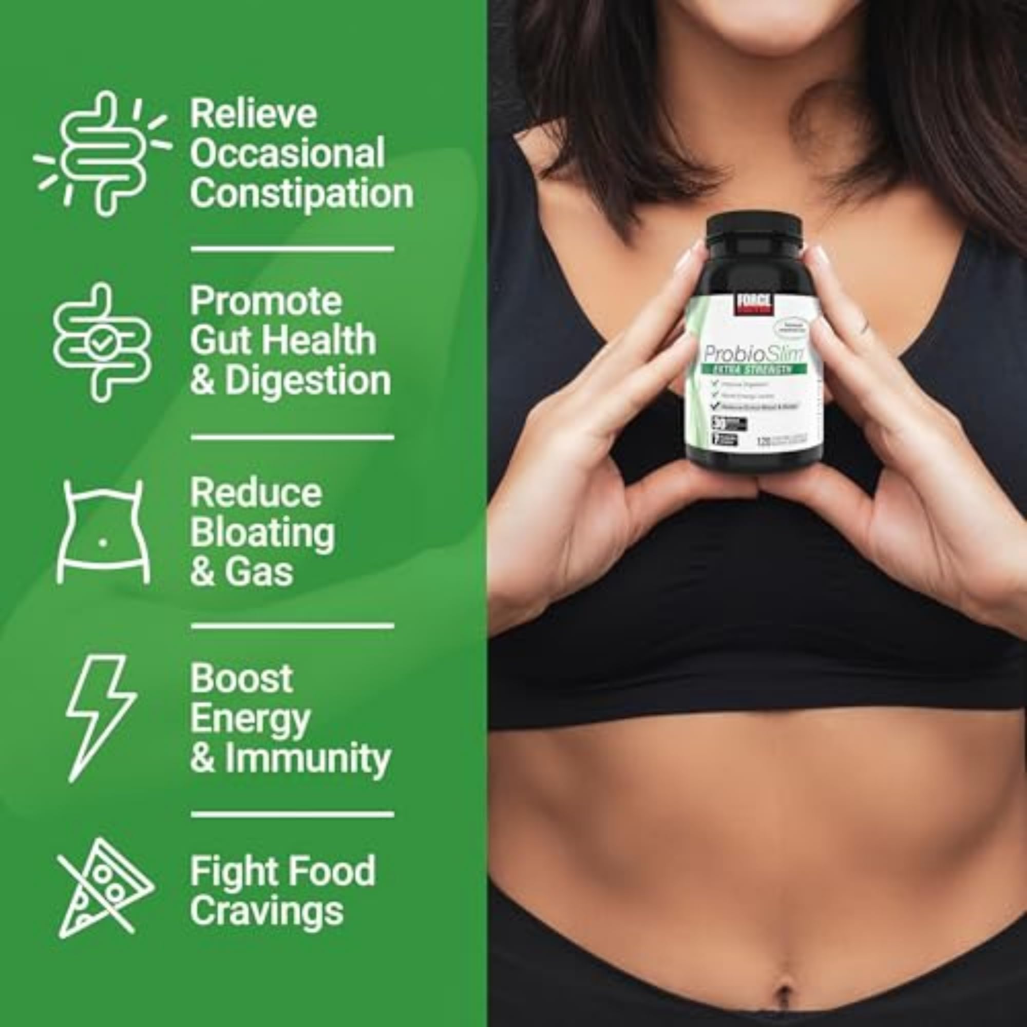 Force Factor botella abierta con cápsulas ProbioSlim que facilita la toma diaria y energía leve