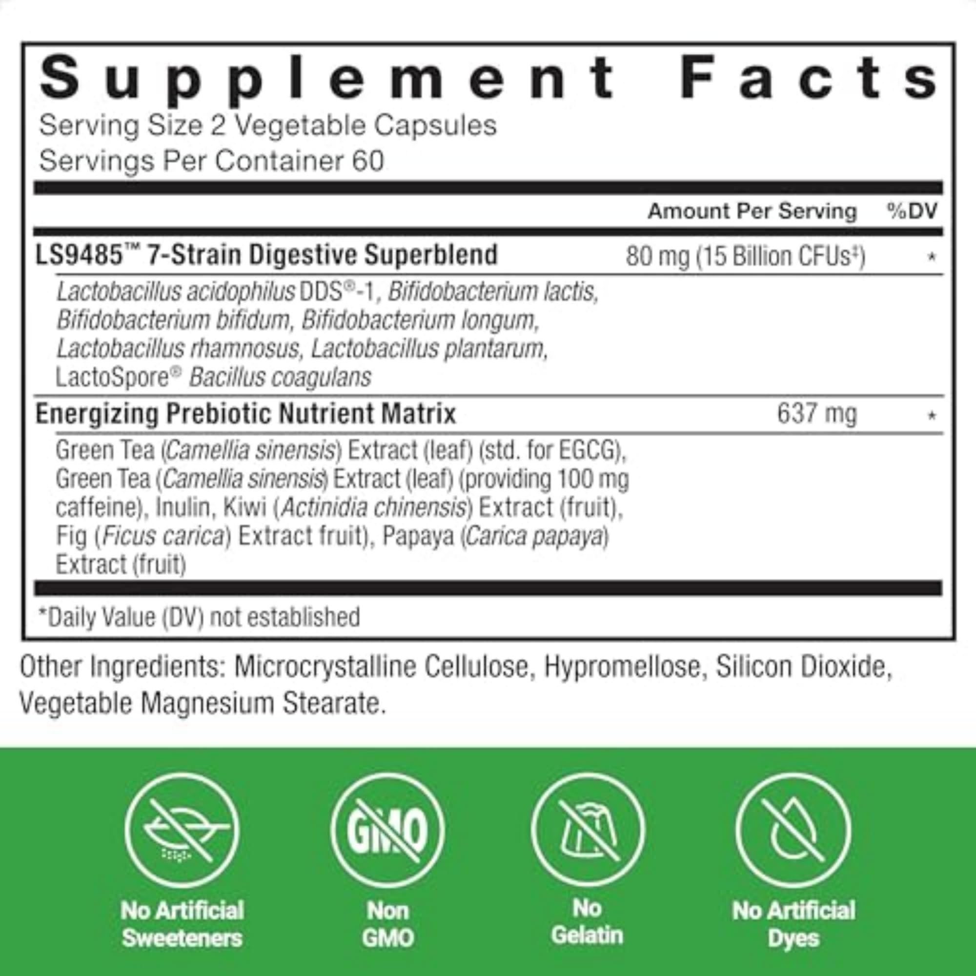 Force Factor etiqueta con información nutricional y listado de las 7 cepas probióticas
