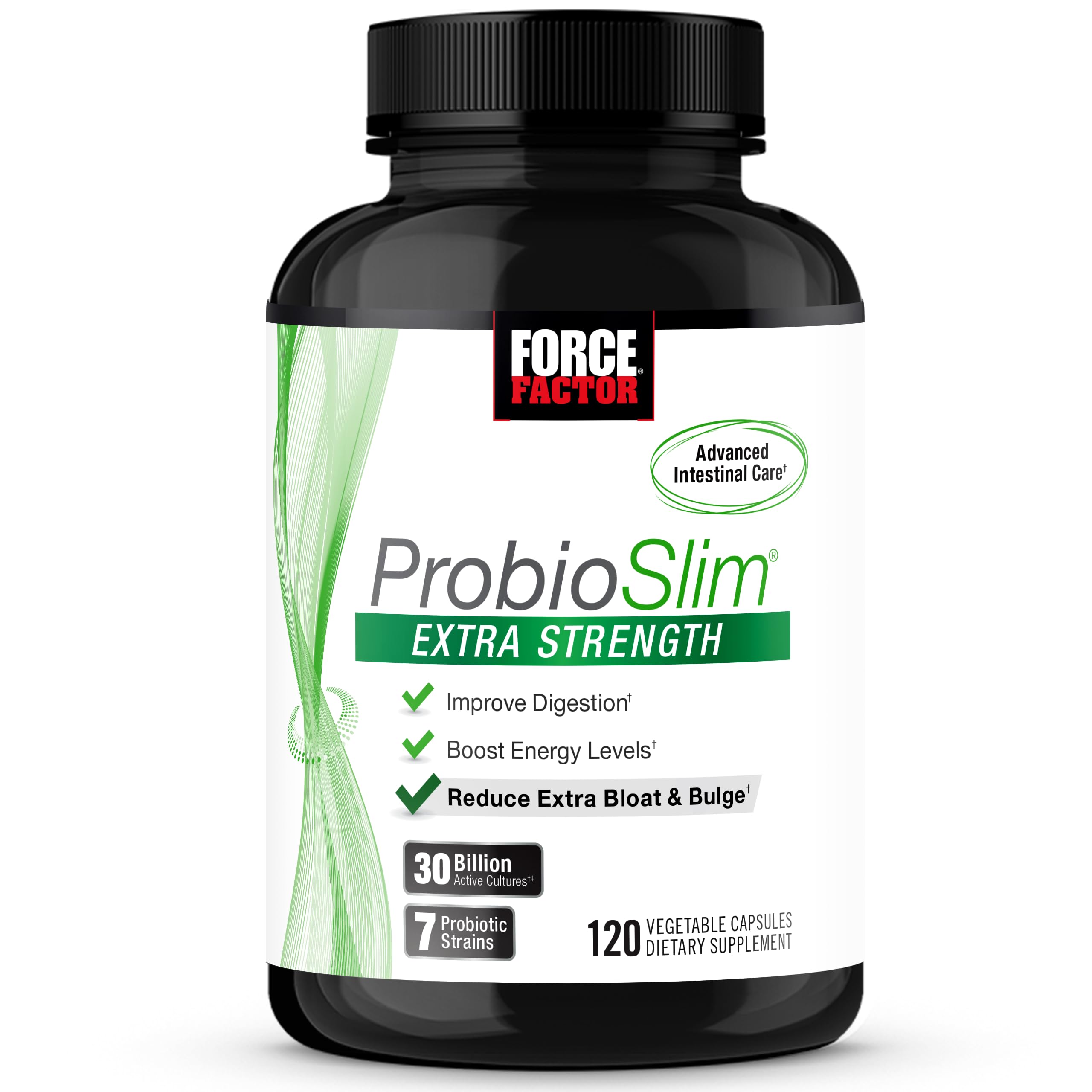 Force Factor frasco frontal mostrando 120 cápsulas y beneficio digestivo