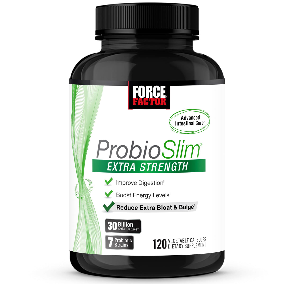 Force Factor frasco frontal mostrando 120 cápsulas y beneficio digestivo