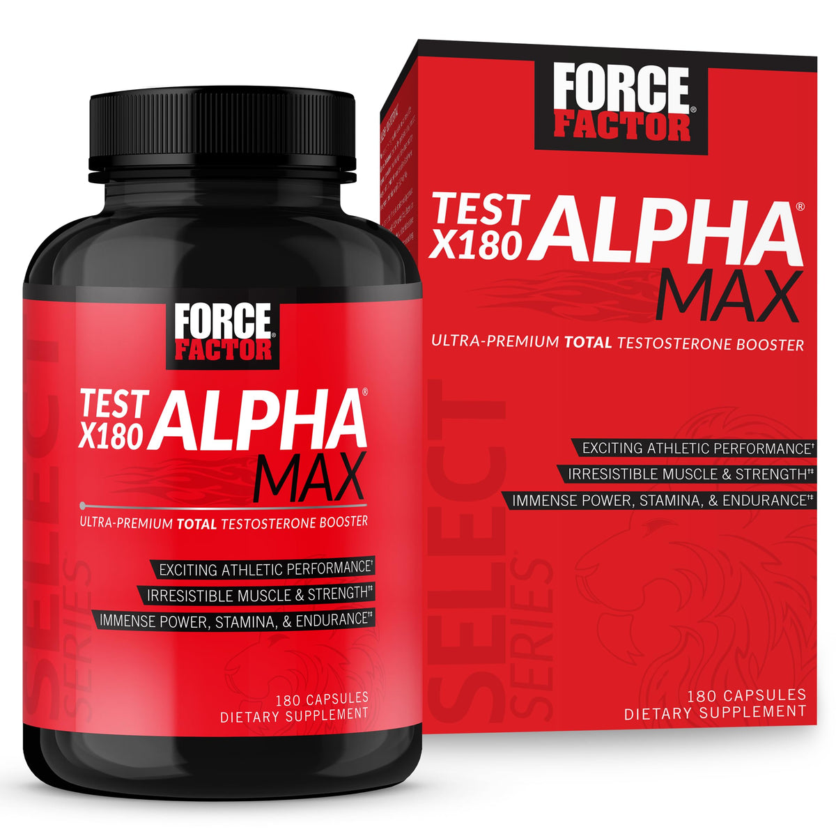 Force Factor frasco frontal que muestra Test X180 Alpha Max para rendimiento