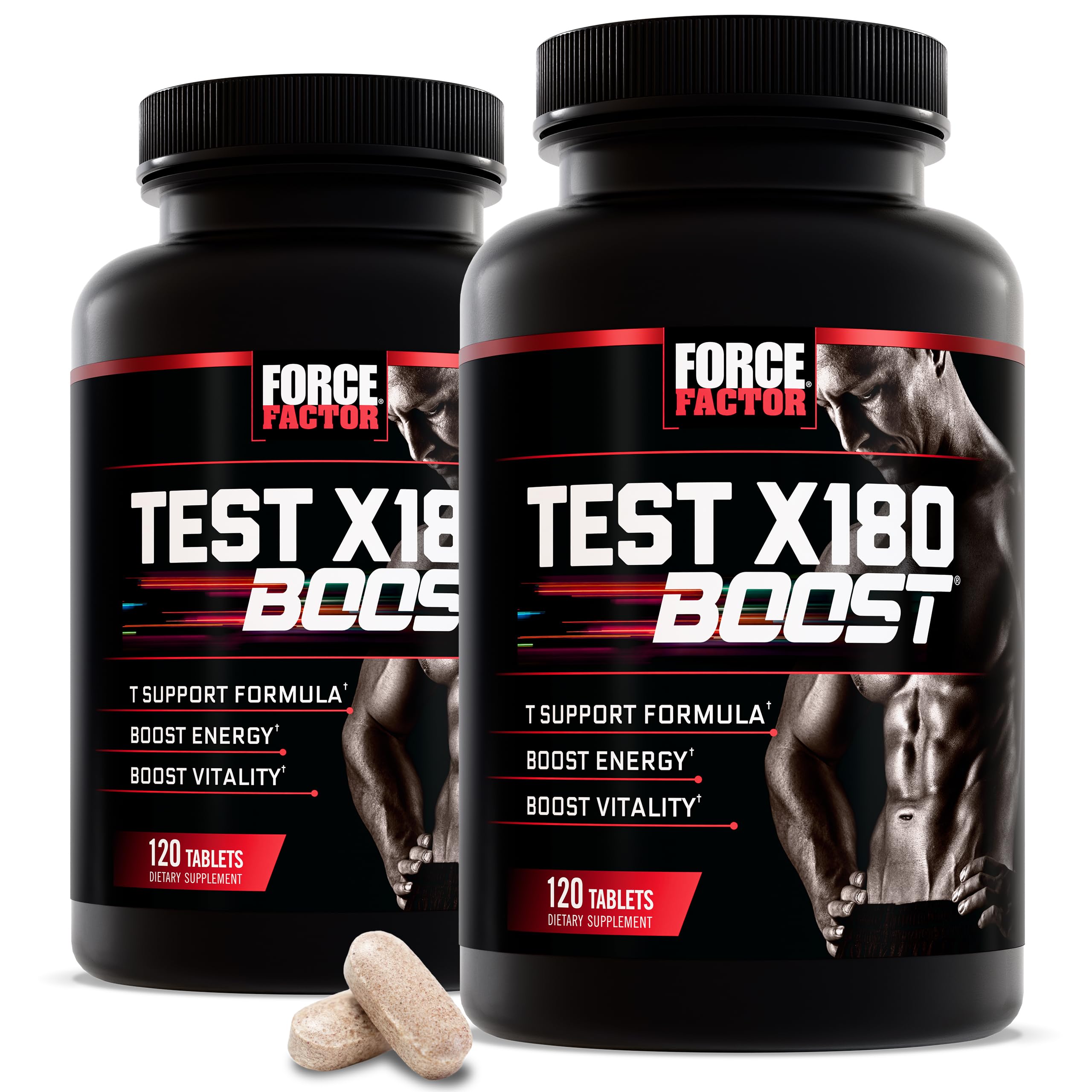 Force Factor Test X180 Boost vista frontal del envase mostrando 240 tabletas y beneficios