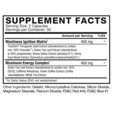Force Factor Test X180 Ignite etiqueta con lista de ingredientes y beneficios clave