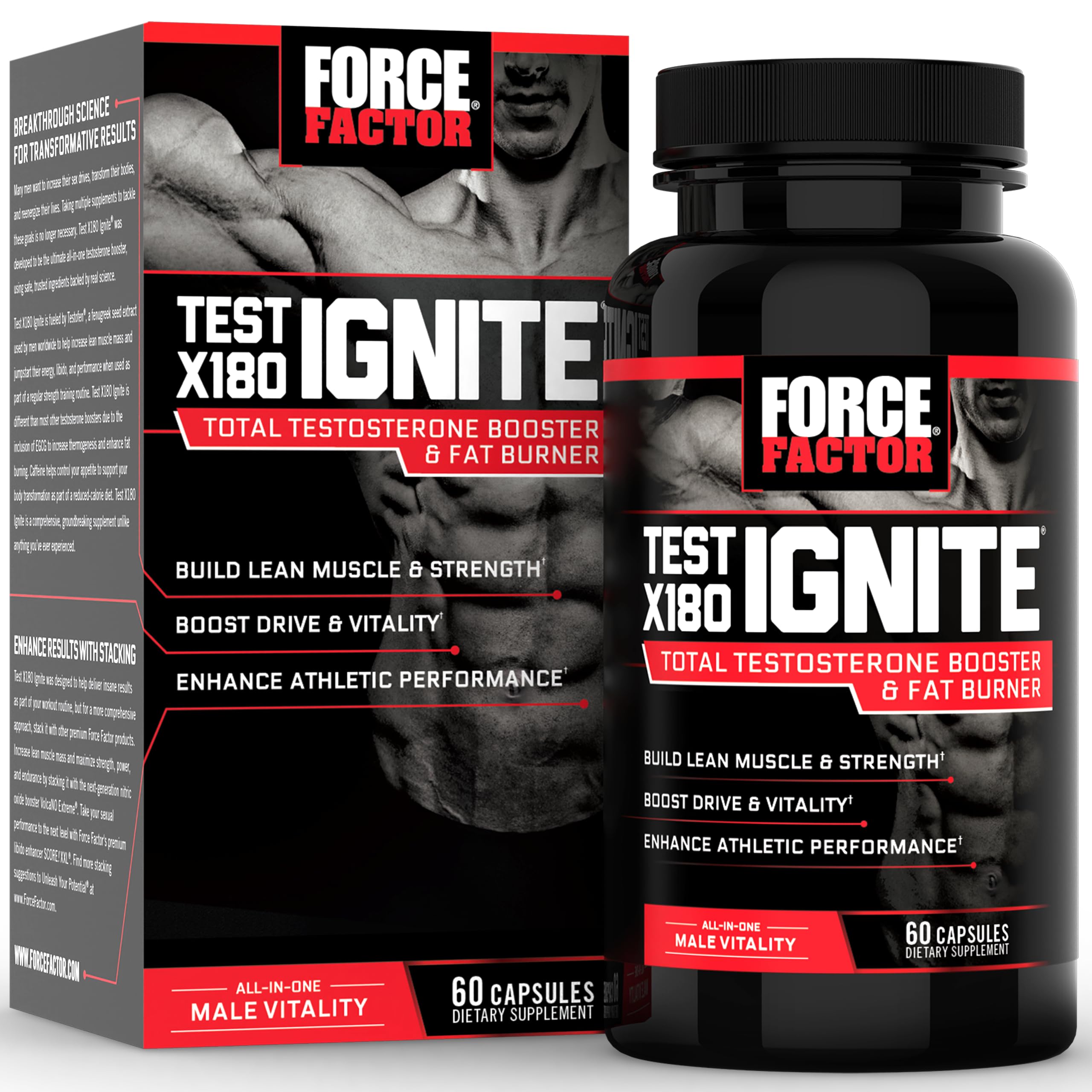 Force Factor envase frontal Test X180 Ignite mostrando diseño y beneficio energizante