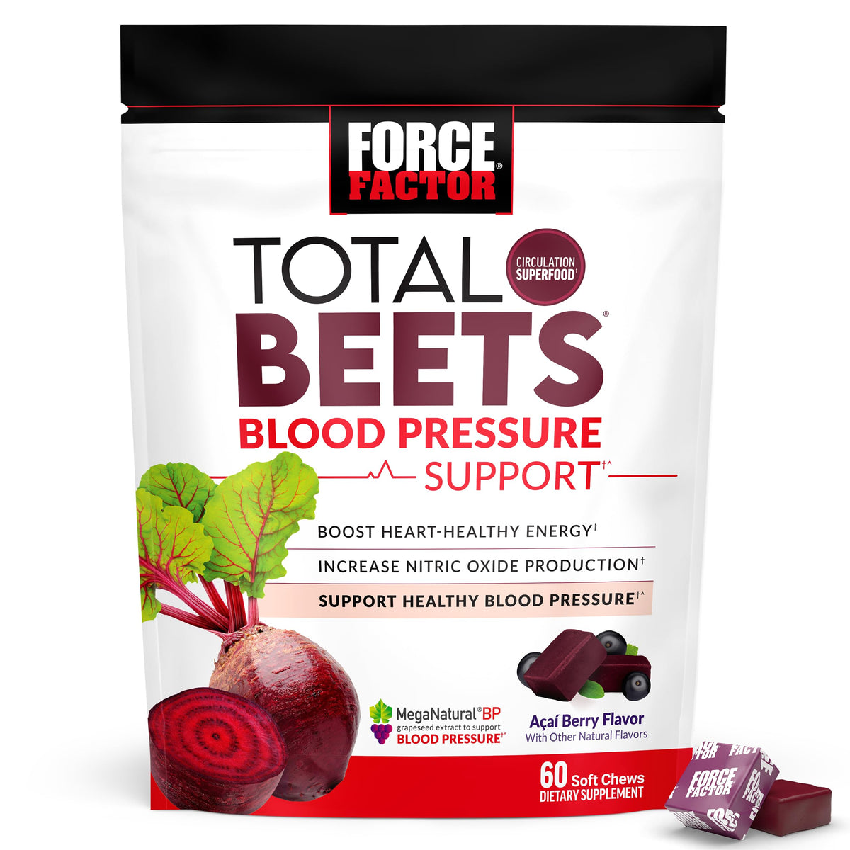 Force Factor empaque frontal mostrando 60 masticables y beneficios visibles