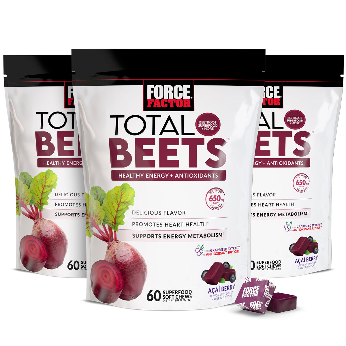 Force Factor frontal del envase mostrando 180 masticables y diseño claro