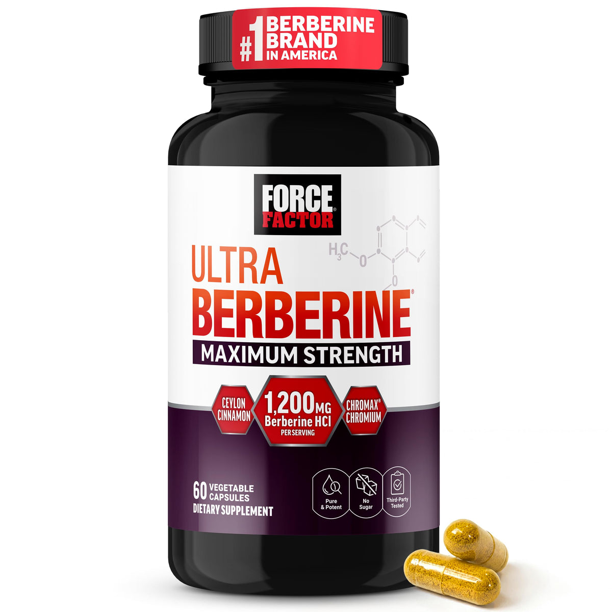 Force Factor bote frontal que muestra el envase y dosis alta