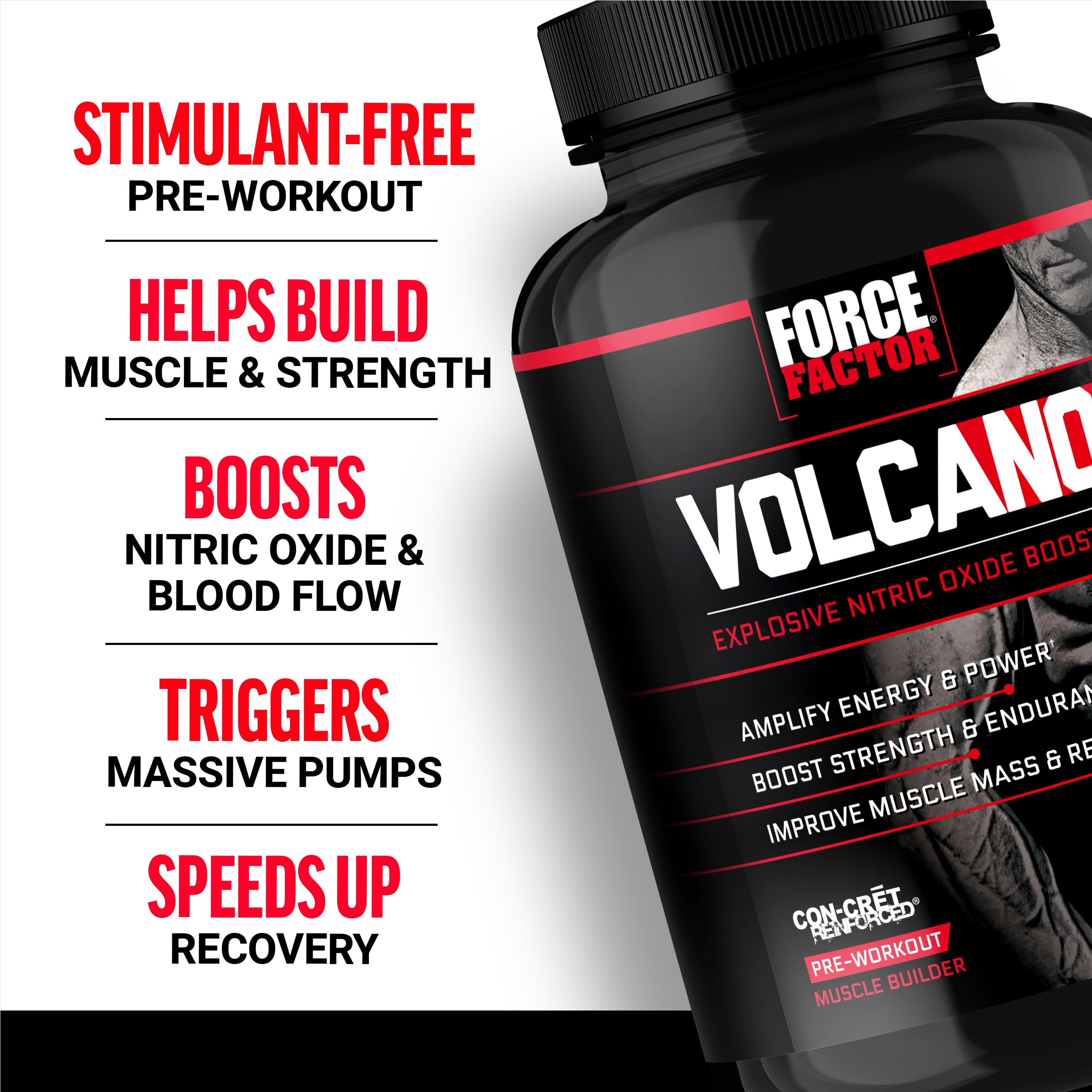 Force Factor VolcaNO cápsulas apiladas mostrando dosificación y practicidad