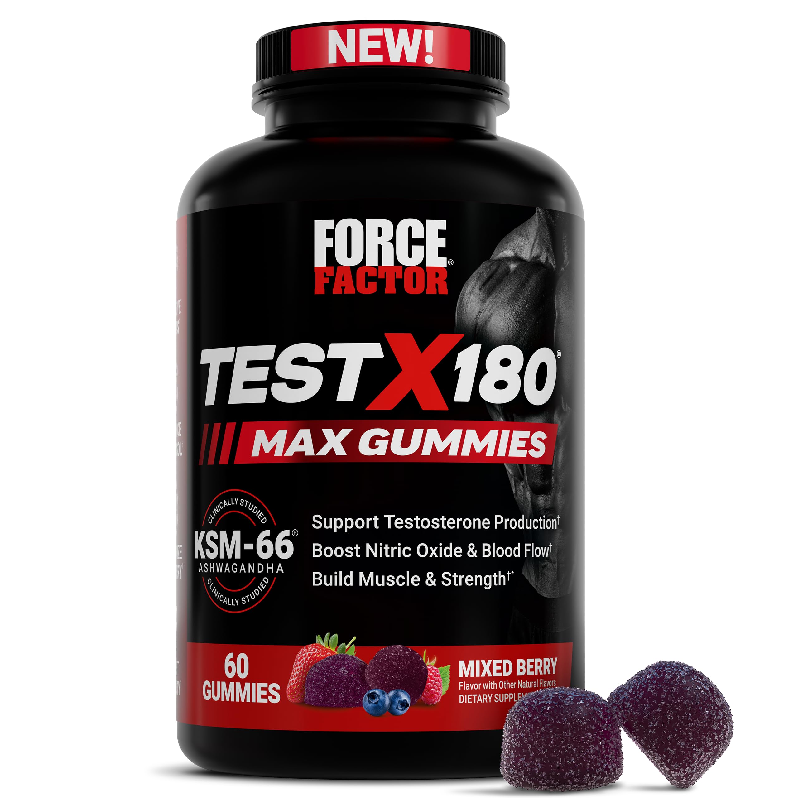 Force Factor envase frontal Test X180 Max Gummies mostrando marca y sabor
