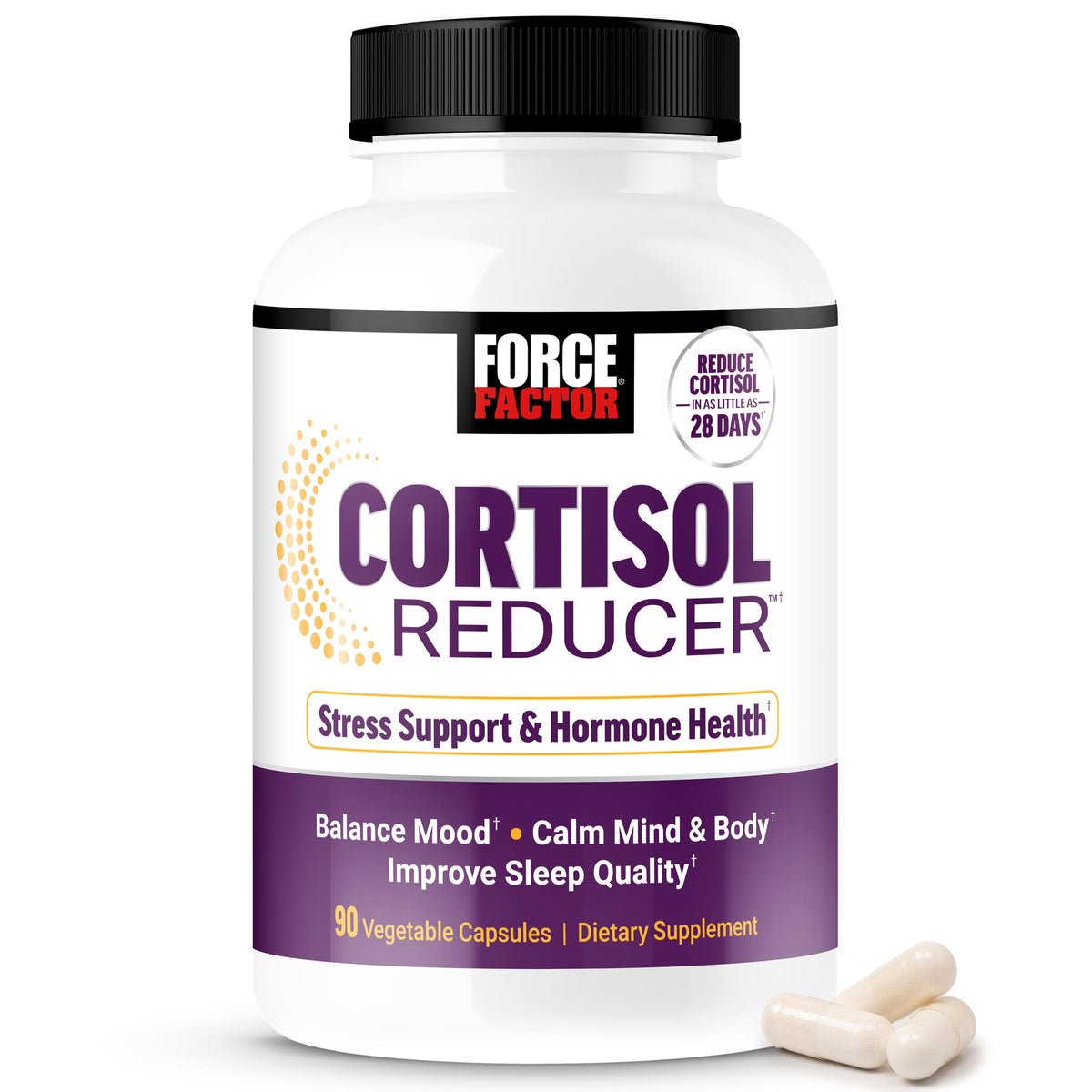 Force Factor envase frontal mostrando beneficios para el estrés