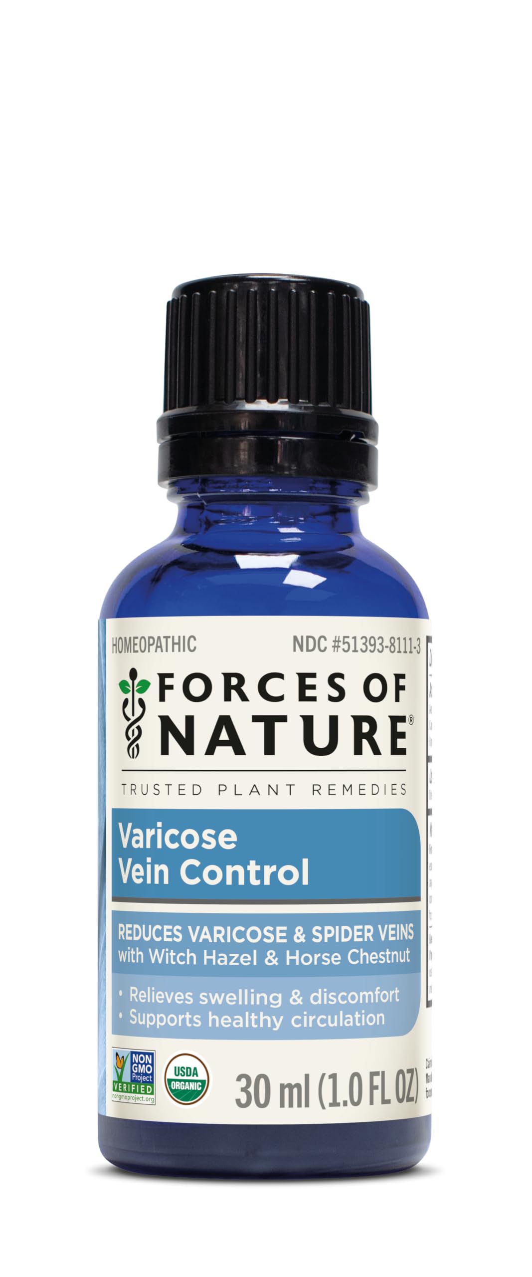 Forces of Nature vista frontal del envase mostrando presentación de 1 fl oz y beneficios