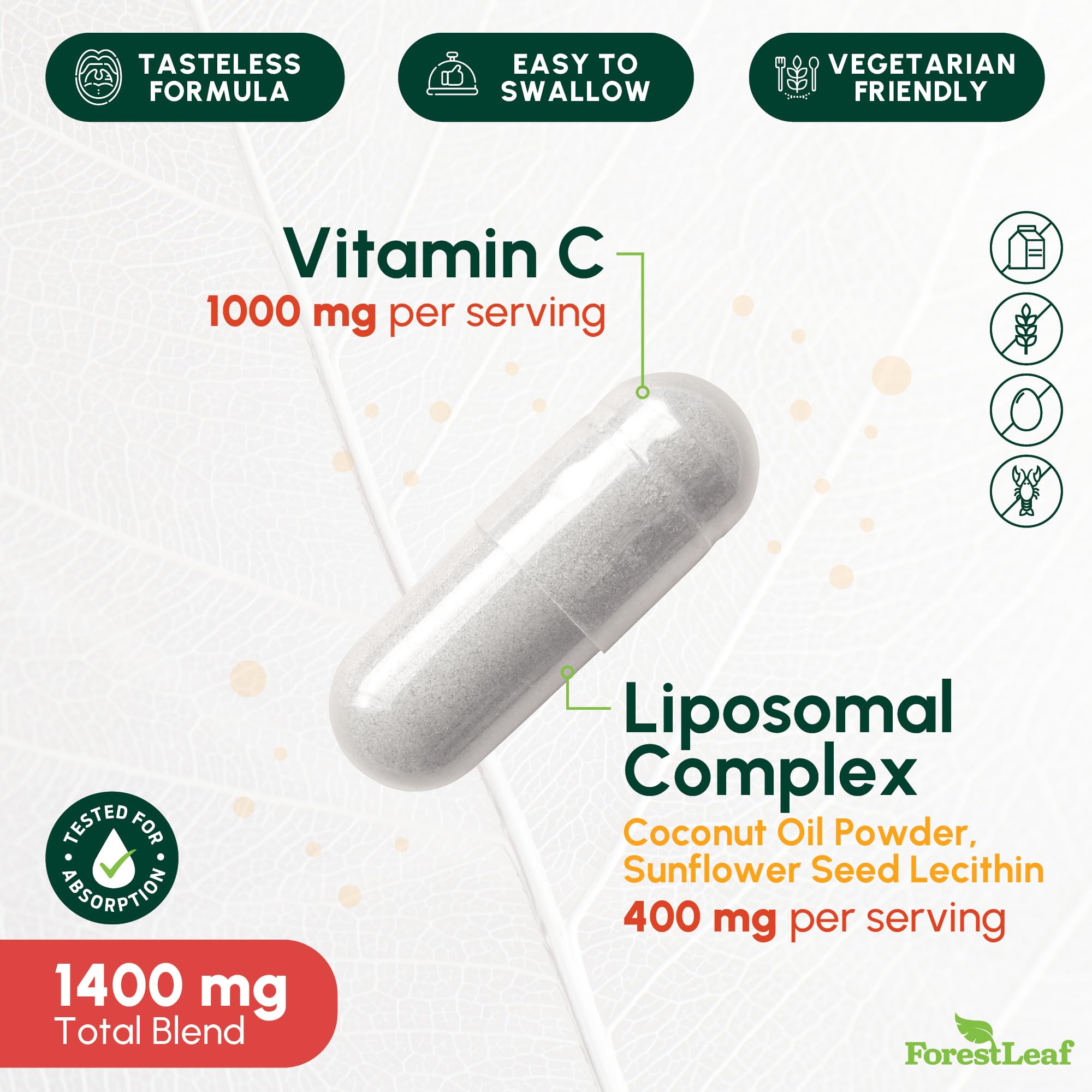 ForestLeaf primer plano de una cápsula liposomal mostrando textura y calidad