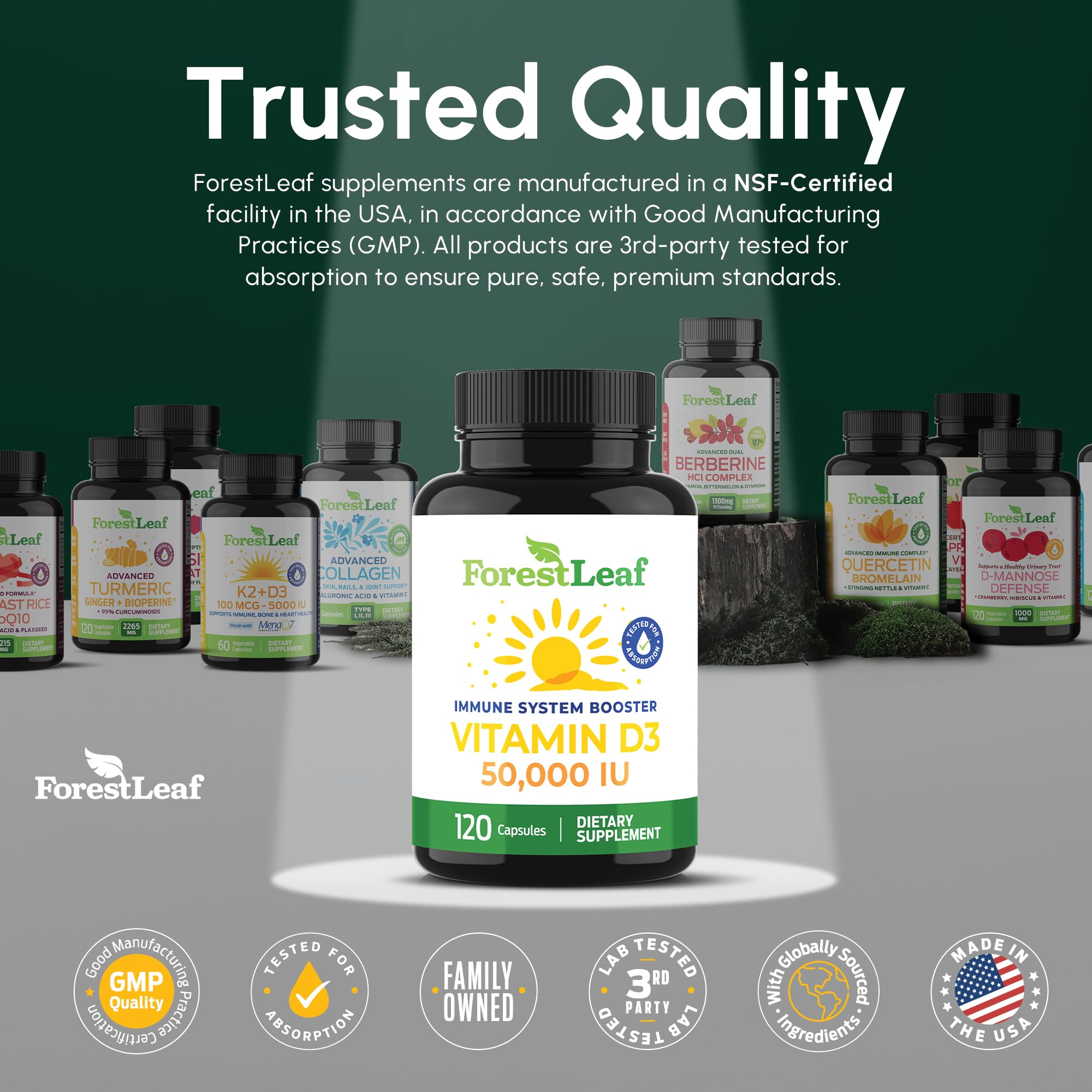 ForestLeaf certificado GMP y NSF visible para confianza en calidad