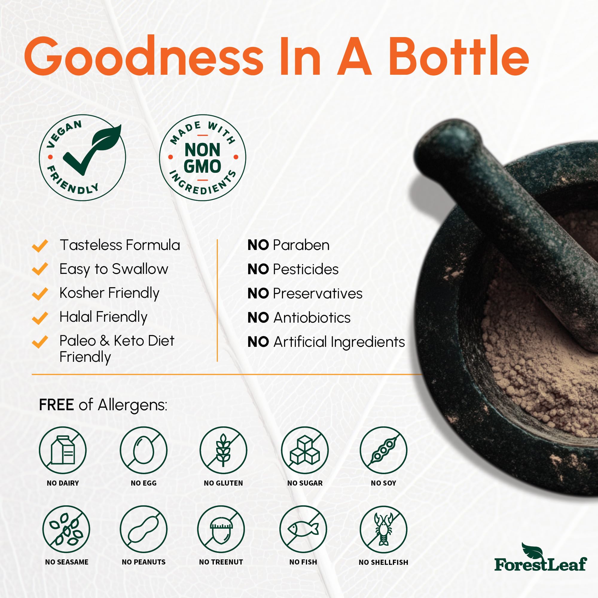 ForestLeaf etiqueta nutricional legible que detalla dosis y ingredientes
