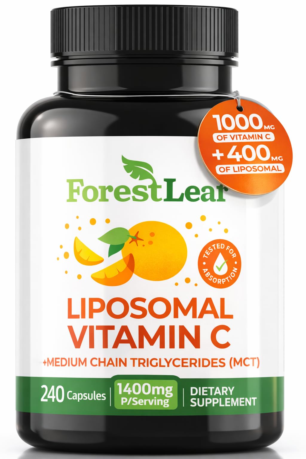 ForestLeaf frasco delantero mostrando etiqueta clara y beneficios para confianza