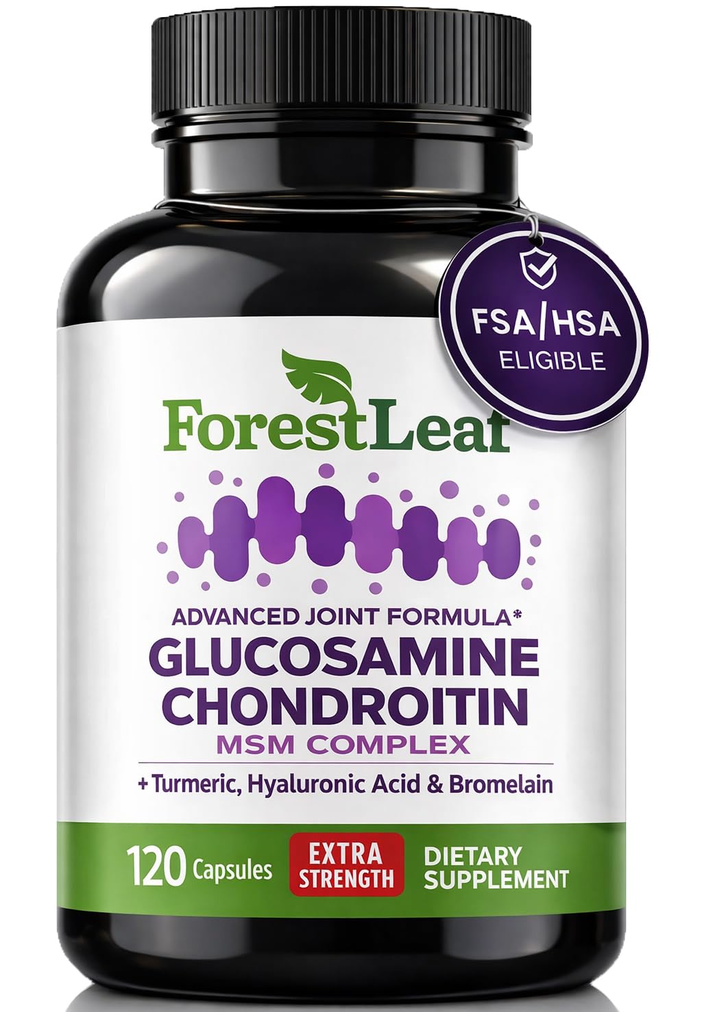 ForestLeaf frasco frontal mostrando 120 cápsulas y etiqueta para confianza