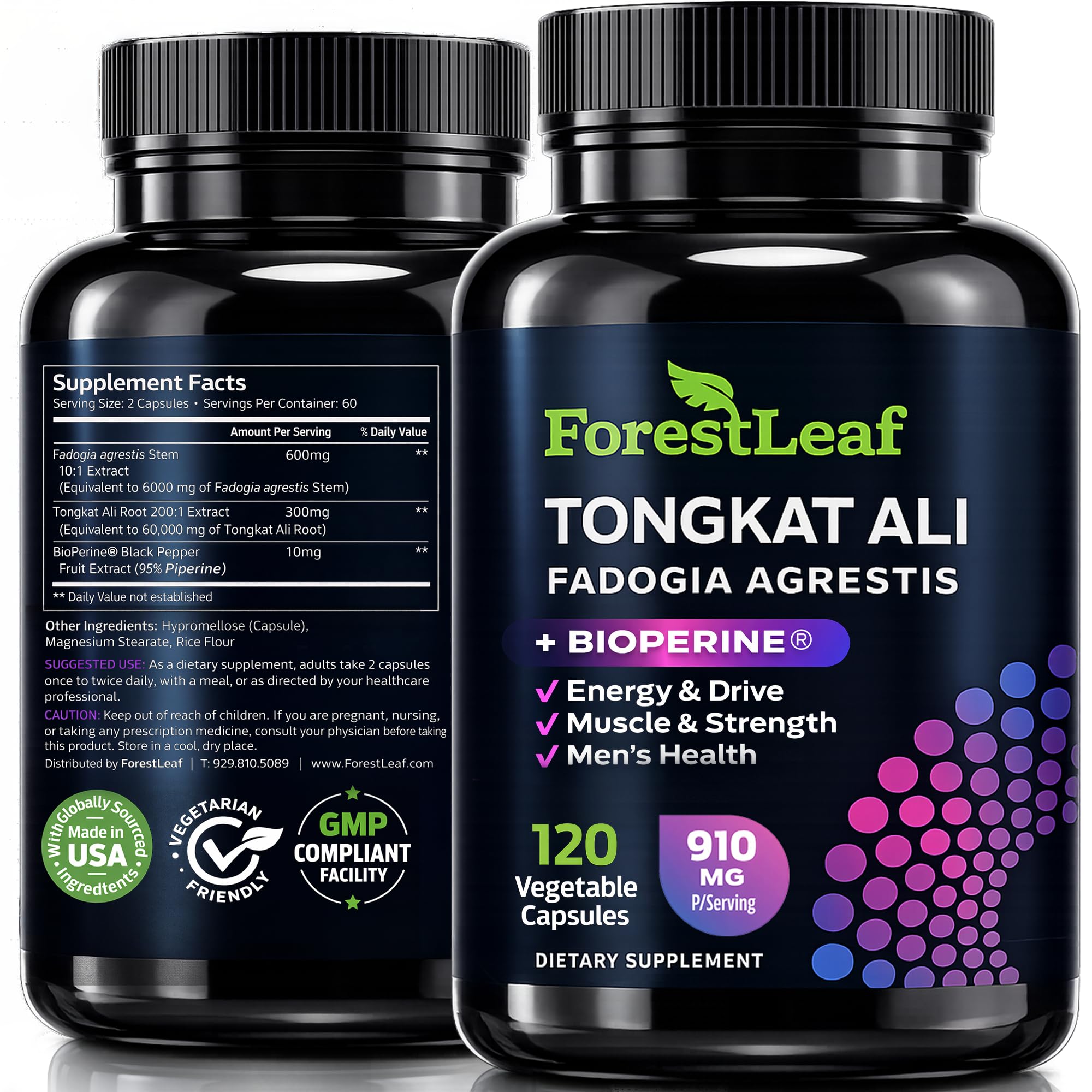 ForestLeaf botella frontal mostrando Tonkat-Ali Max Strength y beneficios claros