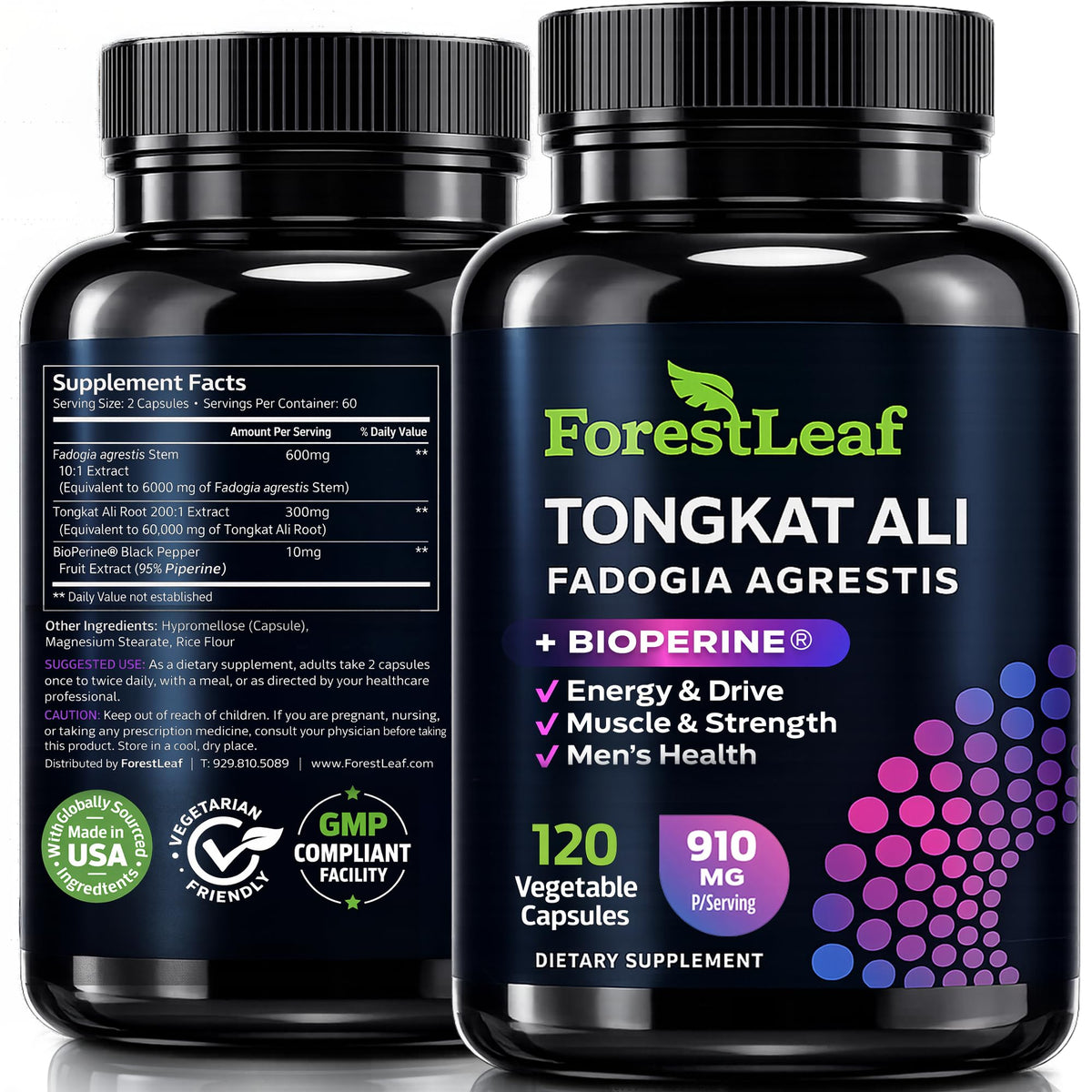 ForestLeaf botella frontal mostrando Tonkat-Ali Max Strength y beneficios claros